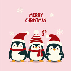 Christmas winter holidays. Banner, background with cute cartoon penguins. Penguin Merry Christmas celebration, snow banner illustration.