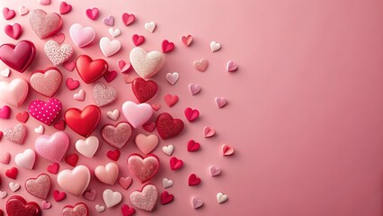 Adorable arrangement of pink and red hearts on a soft pink paper background, perfect for love themed designs and romantic messages.
