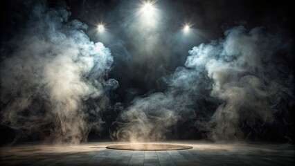Obraz premium Ominous atmosphere pervades dark, empty space, illuminated solely by a dramatic spotlight, shrouded in mysterious swirling smoke and shadows.