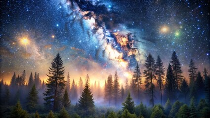 Naklejka premium Vast starry night sky with infinite twinkling lights hovering above serene forest landscape with tall trees and misty atmosphere.