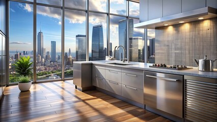 Sleek modern kitchen features stainless steel dishwasher adjacent to expansive window overlooking breathtaking urban cityscape with towering skyscrapers.