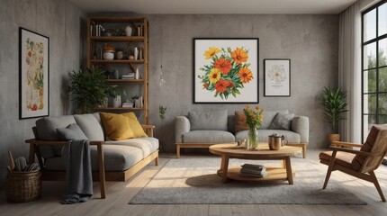 Fototapeta premium Beautiful modern living room, electric with plant elements