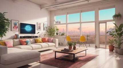 Fototapeta premium Beautiful modern living room, electric with plant elements