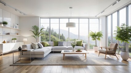 Fototapeta premium Sleek, minimalist white living room with modern furniture, ample natural light, and sparse decor creating a sense of calm serenity.