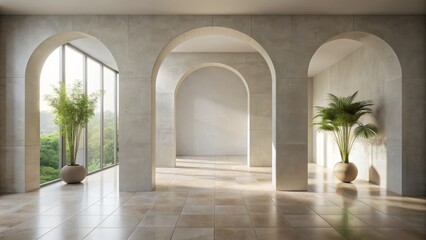 Modern minimalist archgate interior design features sleek ceramic porcelain tile flooring and walls in a serene, empty, neutral-colored space.
