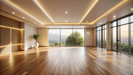 Sleek, vacant room illuminated by warm, soft natural light, showcasing crisp lines, neutral hues, and expansive, uncluttered space.