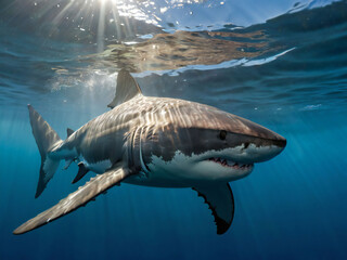 Fototapeta premium Great white shark swimming on the surface of the ocean