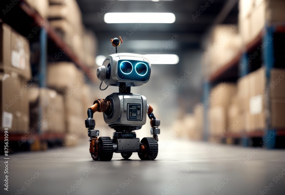Poster warehouse little robot ai image created illustration childlike technology automation artificial inte