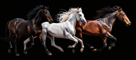 Fototapeta premium Elegant Trio of Galloping Horses in Synchrony on a Dark Background for Business or Travel Concept Art
