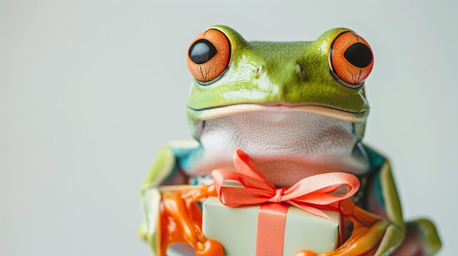 Cute green frog holding a colorful gift box with a pink bow, symbolizing love, joy, and celebration.