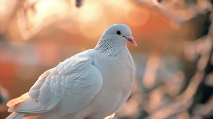 A beautiful white dove with a soft, peaceful expression in its eyes. The dove is perched on a branch in a warm, sunny setting.