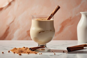 Baileys: A glass of Baileys with a cinnamon stick, set on a minimalist white marble surface.