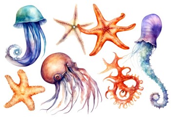 watercolor mollusk nautilus hand background pompillius squid set jellyfish white starfish drawn seahorse animal medusa sea colorful