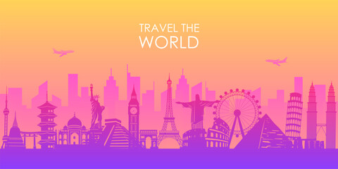 colorful landmark travel and tourism world background. Landscape template tourism cards. road trip. vacation as in holiday. city scape around the world. vector illustration in flat style.
