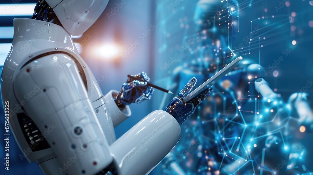 Poster a humanoid robot examines data on a tablet, symbolizing technological advancements in ai and robotic