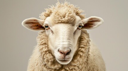 Fototapeta premium A close-up photorealistic portrait of a sheep with soft, fluffy wool and gentle eyes