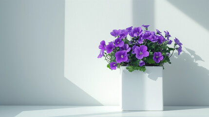 Fototapeta premium a product photoshoot of a unique exotic Sumire Violet bouquet placed in white square pot, minimalistic japanese look, completely white background with slight shadow of the pot on the tabletop