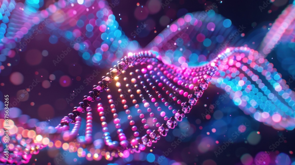 Poster a glowing array of dna nanodots, forming a pixelated image