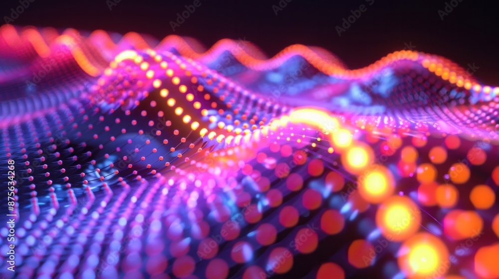 Poster a glowing array of dna nanodots, forming a pixelated image