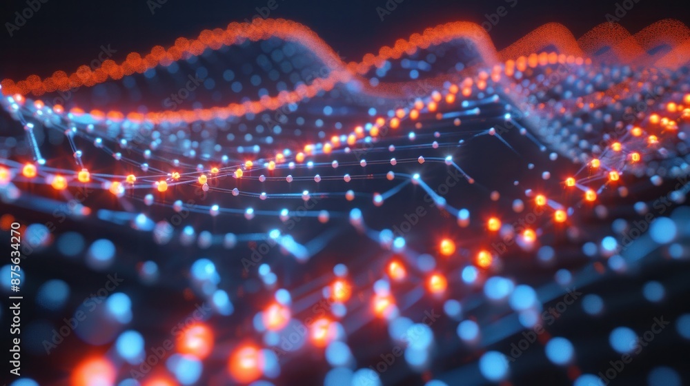 Poster a glowing array of dna nanodots, forming a pixelated image