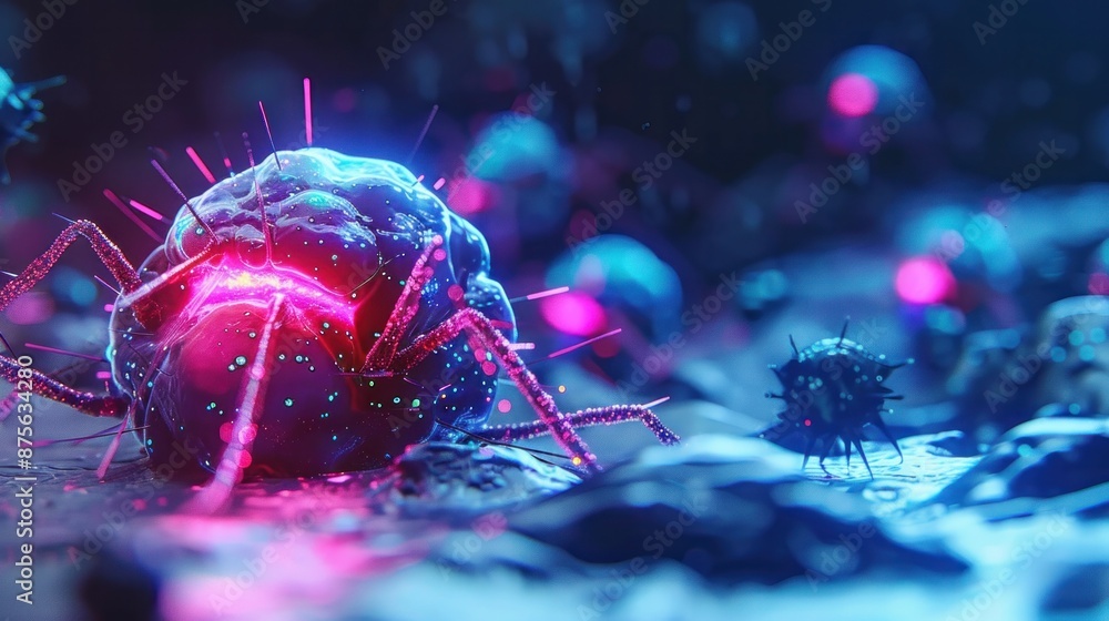 Poster a glowing nanorobot, its surface pulsating with fluorescent hues, identifying and neutralizing a can
