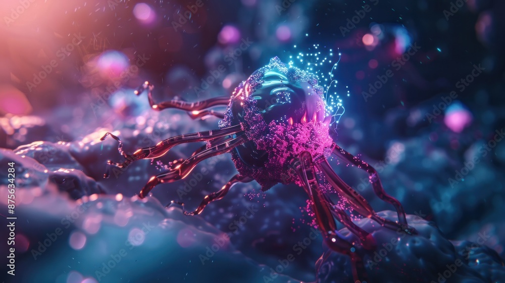 Poster a glowing nanorobot, its surface pulsating with fluorescent hues, identifying and neutralizing a can