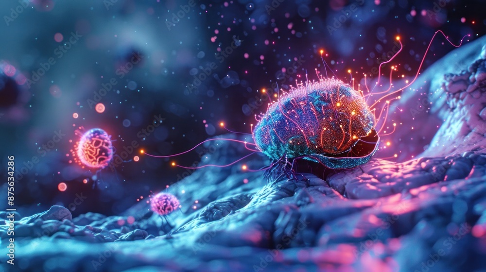 Poster a glowing nanorobot, its surface pulsating with fluorescent hues, identifying and neutralizing a can