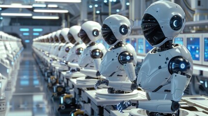 Fototapeta premium A futuristic science lab with gleaming robotic assistants performing complex tasks, representing the cutting edge of technological advancement.