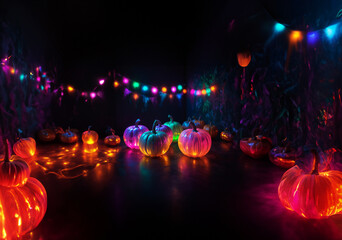 Spooky pumpkin faces in the yard.