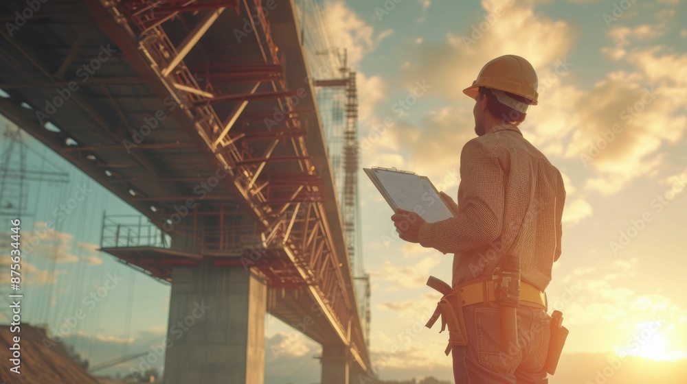 Poster professional civil engineer holding project plan while inspect bridge while wearing safety helmet. s