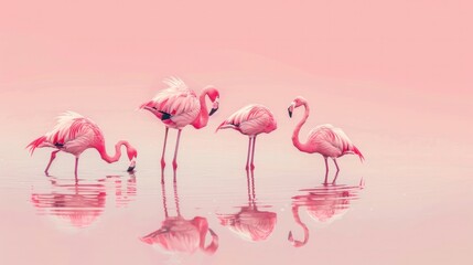 Obraz premium A group of flamingos wading in a shallow lake, their pink feathers reflecting in the water