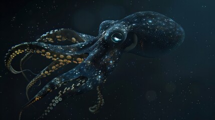 A lone giant squid, its enormous tentacles reaching out into the darkness