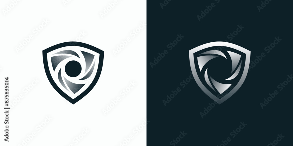 Poster shield shape vector logo design with three-dimensional illusion swirl in modern, simple, clean and a