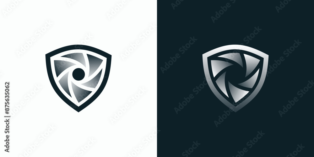 Poster shield shape vector logo design with three-dimensional illusion swirl in modern, simple, clean and a