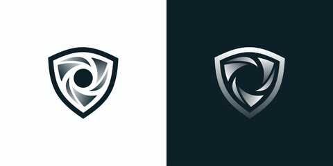 Shield shape vector logo design with three-dimensional illusion swirl in modern, simple, clean and abstract style.