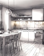 long kitchen interior background sketch white modern vignetting sketchy indoor construction domestic illustration