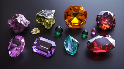 Various gems are placed on a black background. sparkling gems Emphasizes natural beauty and diversity