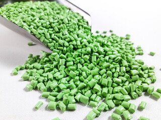 Matcha green masterbatch granules in scoop on white background.Color pigment carrier polymer in...