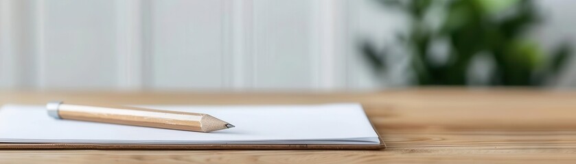 A sharpened wooden pencil resting on blank white paper placed on a wooden desk, symbolizing writing and creativity.