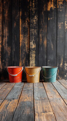 Obraz premium Clean wooden floor with buckets full of paint colors standing on it, ultra realistic, real life photo post for