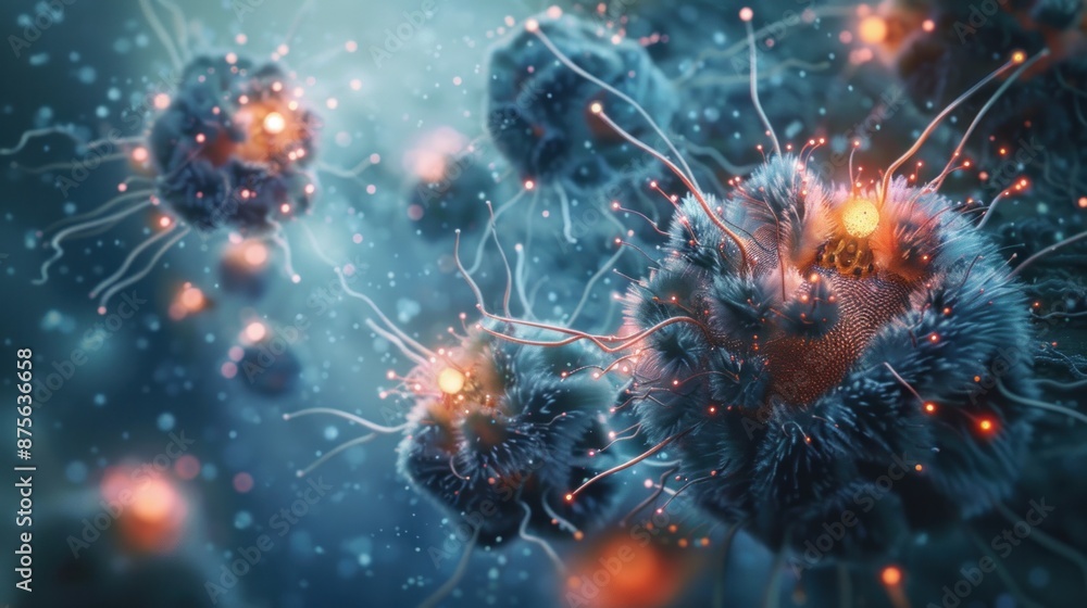 Aufkleber a swarm of microscopic nanobots meticulously examining a single human cell, their tiny lights illumi