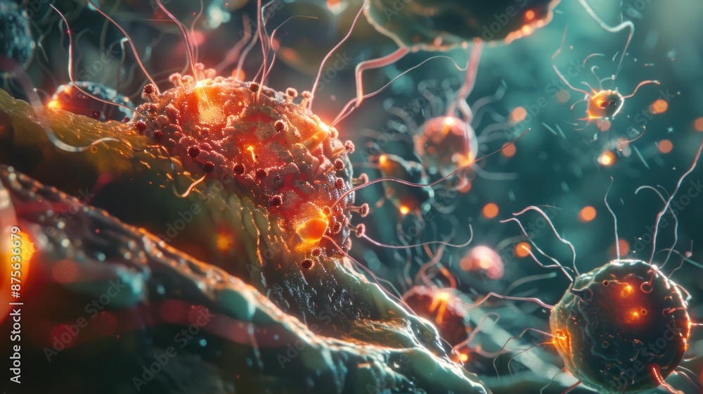Aufkleber a swarm of microscopic nanobots meticulously examining a single human cell, their tiny lights illumi