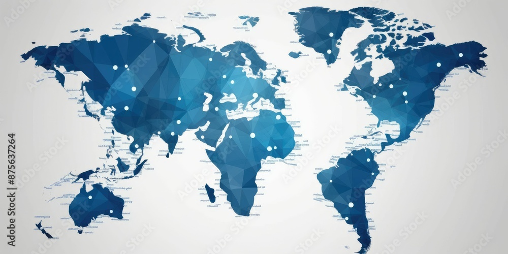 Poster stylized blue network connections on world map background representing global communication concept.