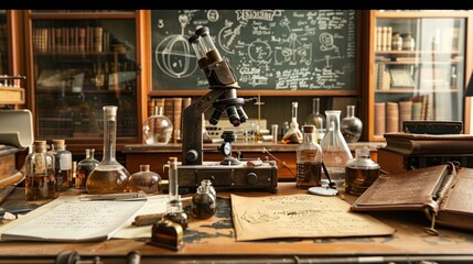 A vintage science lab filled with antique equipment and handwritten notes, evoking a sense of nostalgia for the early days of scientific exploration and groundbreaking discoveries.