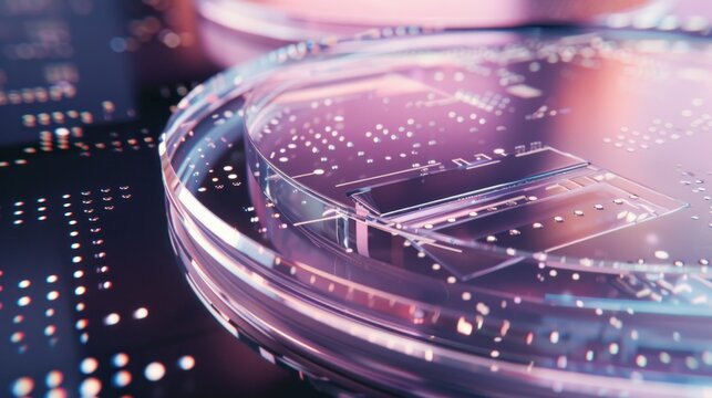 Close-up view of a semiconductor wafer with microscopic circuits