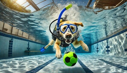 Dog Wearing Scuba Gear Diving Underwater for a Ball