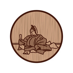 木彫り風円形シンプル百人一首　前中納言匡房