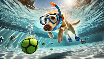 Dog Wearing Snorkel and Flippers Diving Underwater for a Ball