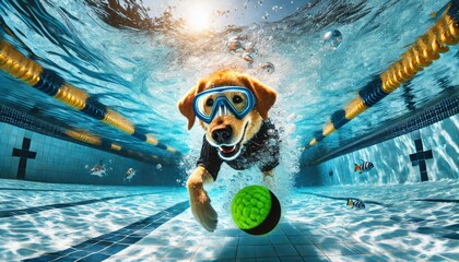 Dog Wearing Diving Suit Swimming Underwater for a Ball