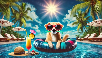 Dog Wearing Sunglasses Relaxing on Pool Float